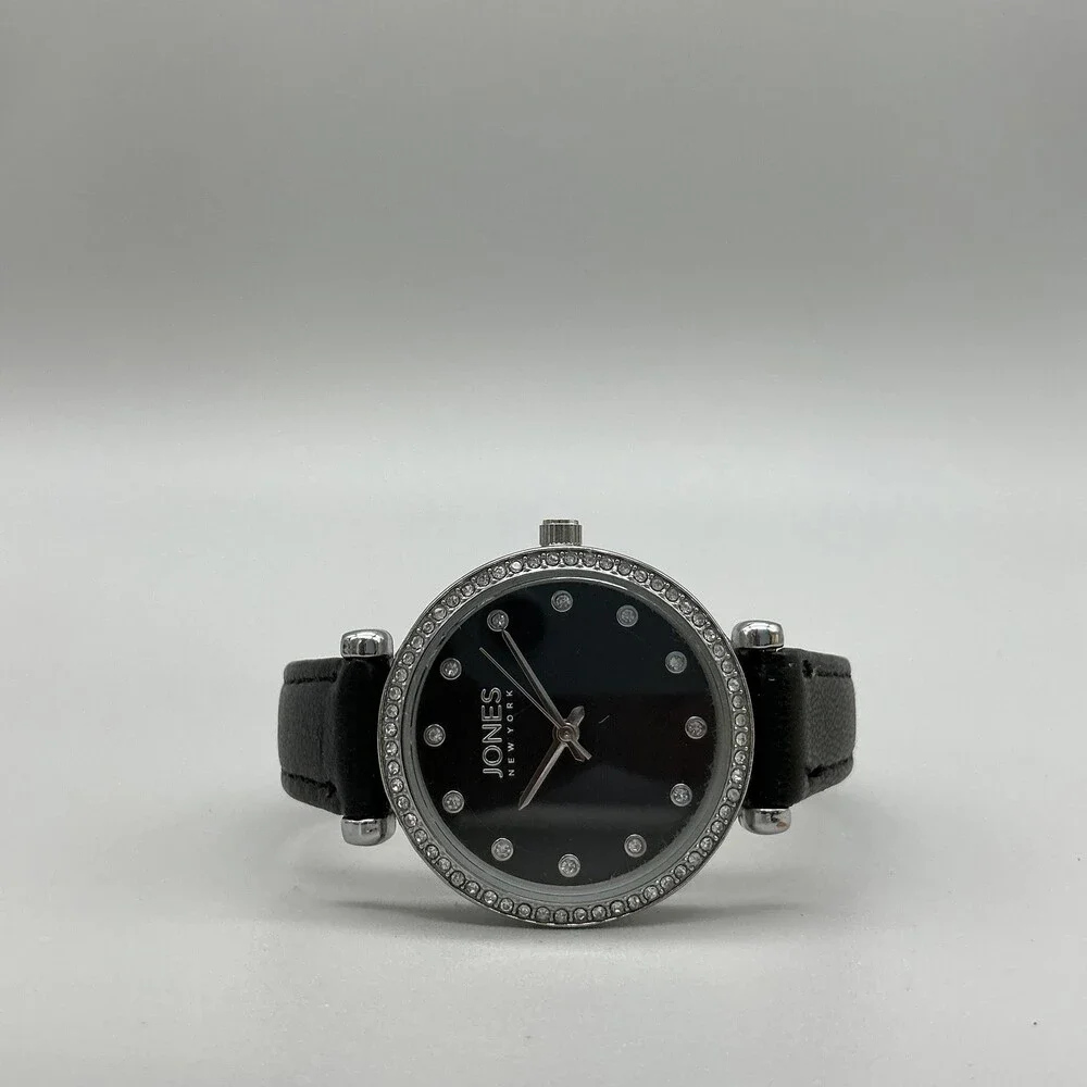 Jones New York 14986 Womens Watch 34mm Black Dial Leather Silver Tone New Batt
